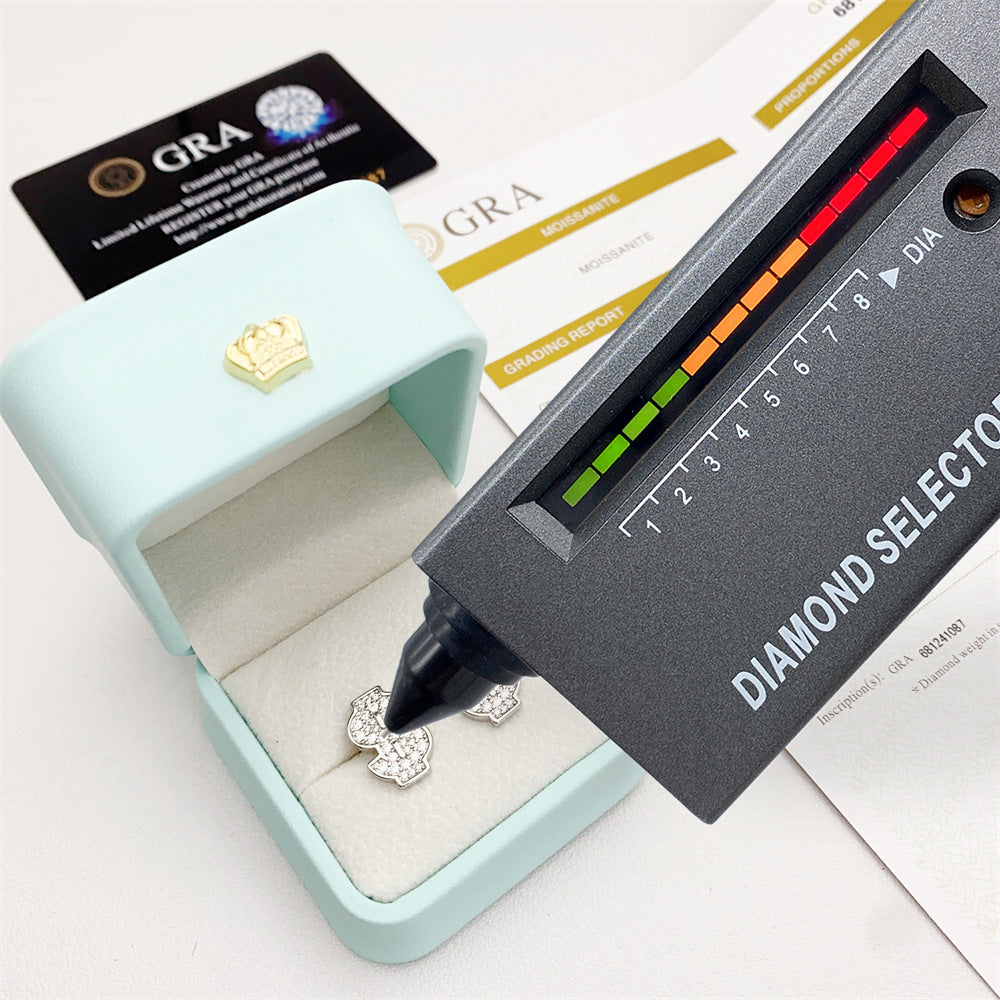 S925 Sterling Silver Money Sign Moissanite Studs | Iced Out Dollar Earring | Caratix