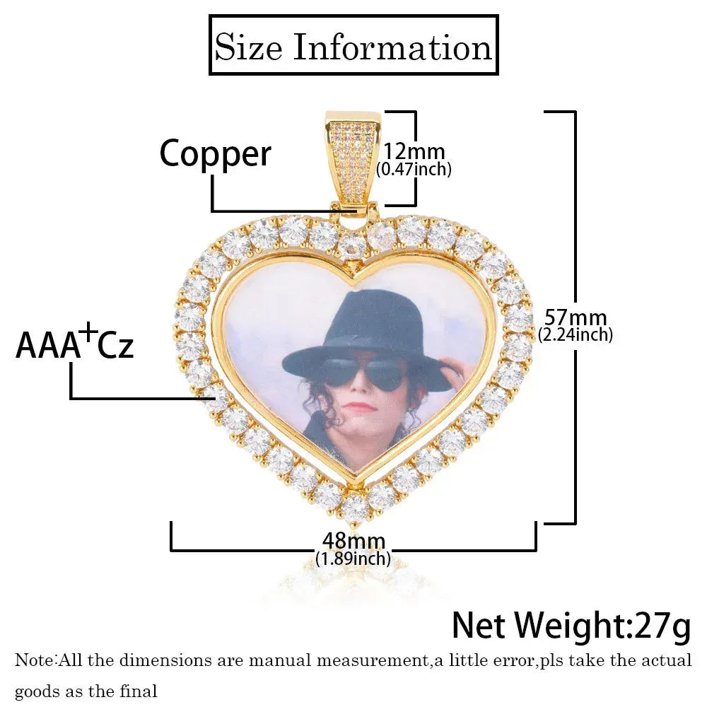 Custom Double-Sided Heart Rotating Photo Pendant Necklace with Zircon Stones for Men and Women | Caratix Jewelry - CaratixJewelry