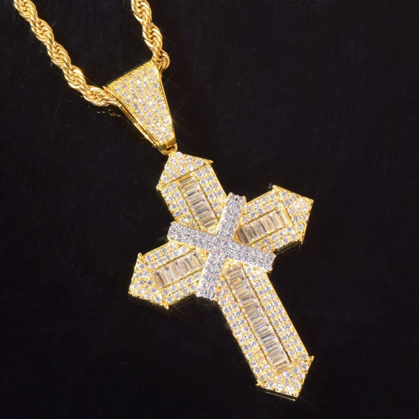 Iced Out Cross Pendant Necklace – Step-Cut Mixed Stone - CaratixJewelry