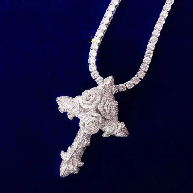 Luxury Iced Out Rose Cross Pendant for Men | Hip Hop Floral Faith Necklace | Premium Copper CZ Jewelry | Artistic Streetwear Bling | Caratix - CaratixJewelry