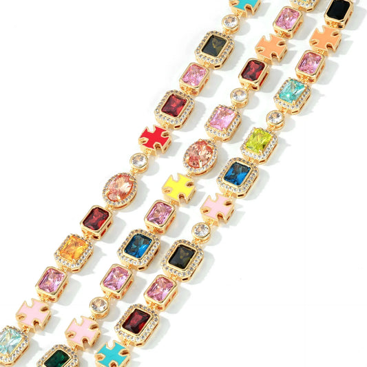 Drip Cross Pendant Colorful Gemstone Hip Hop Bracelet Gold Chain Rapper Style for Men | Caratix Jewelry - CaratixJewelry
