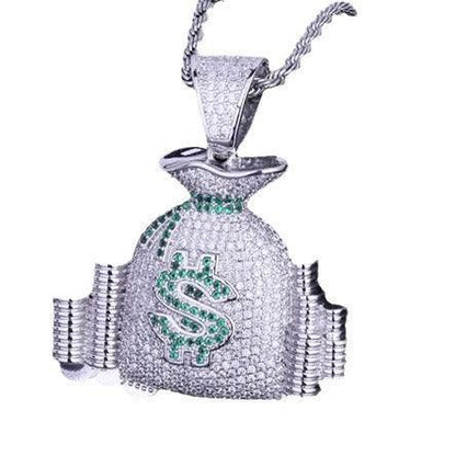 Iced Out Money Bag Pendant | Men's Real Gold Plated Necklace | Premium Copper CZ Dollar Sign Sack | Secure The Bag Jewelry | Caratix - CaratixJewelry
