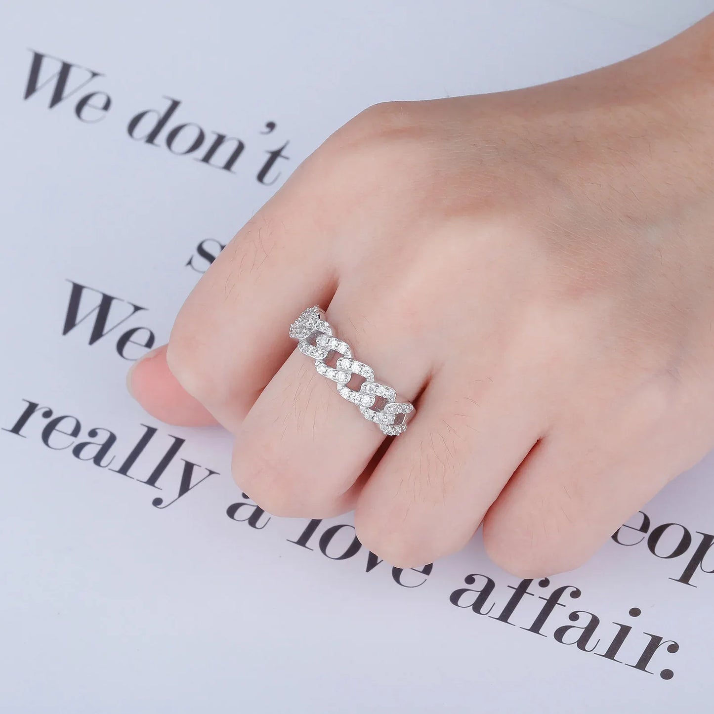 Solid 925 Sterling Silver Cuban Link Ring | Iced Out Hip Hop Band | Caratix