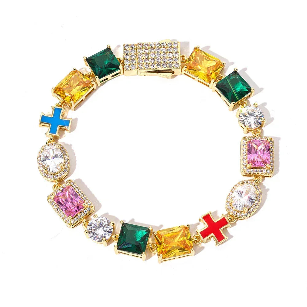 Custom 10mm Cross Charm Color Gemstone Bracelet | Premium Iced Out Jewelry for Men | Caratix - CaratixJewelry
