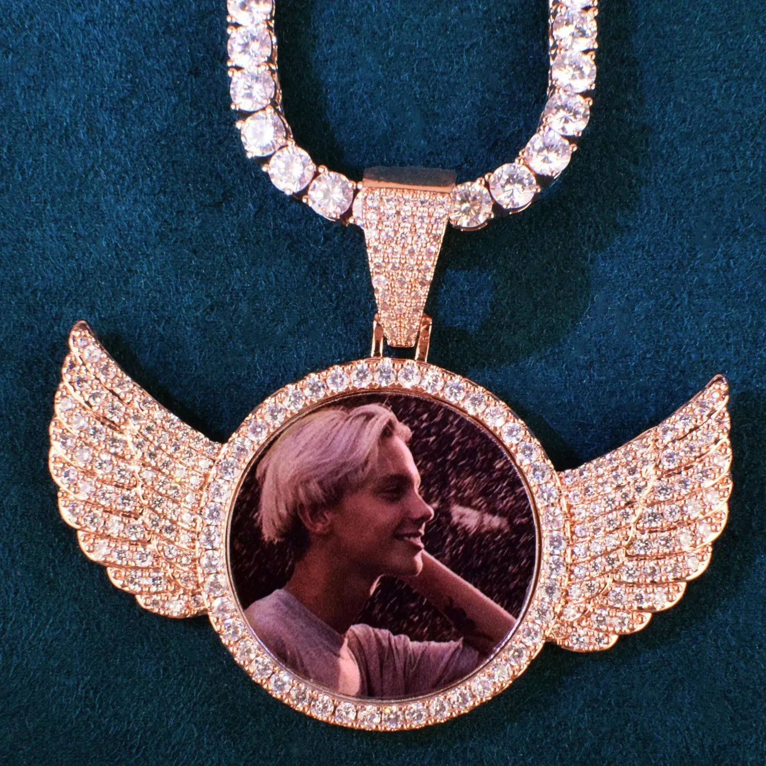 Small Wing Photo Pendant Necklace | CZ Iced Out Custom Picture DIY Couple Jewelry - CaratixJewelry