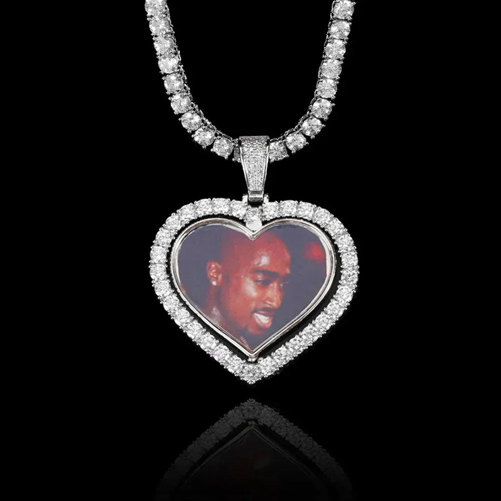 Custom Double-Sided Heart Rotating Photo Pendant Necklace with Zircon Stones for Men and Women | Caratix Jewelry - CaratixJewelry