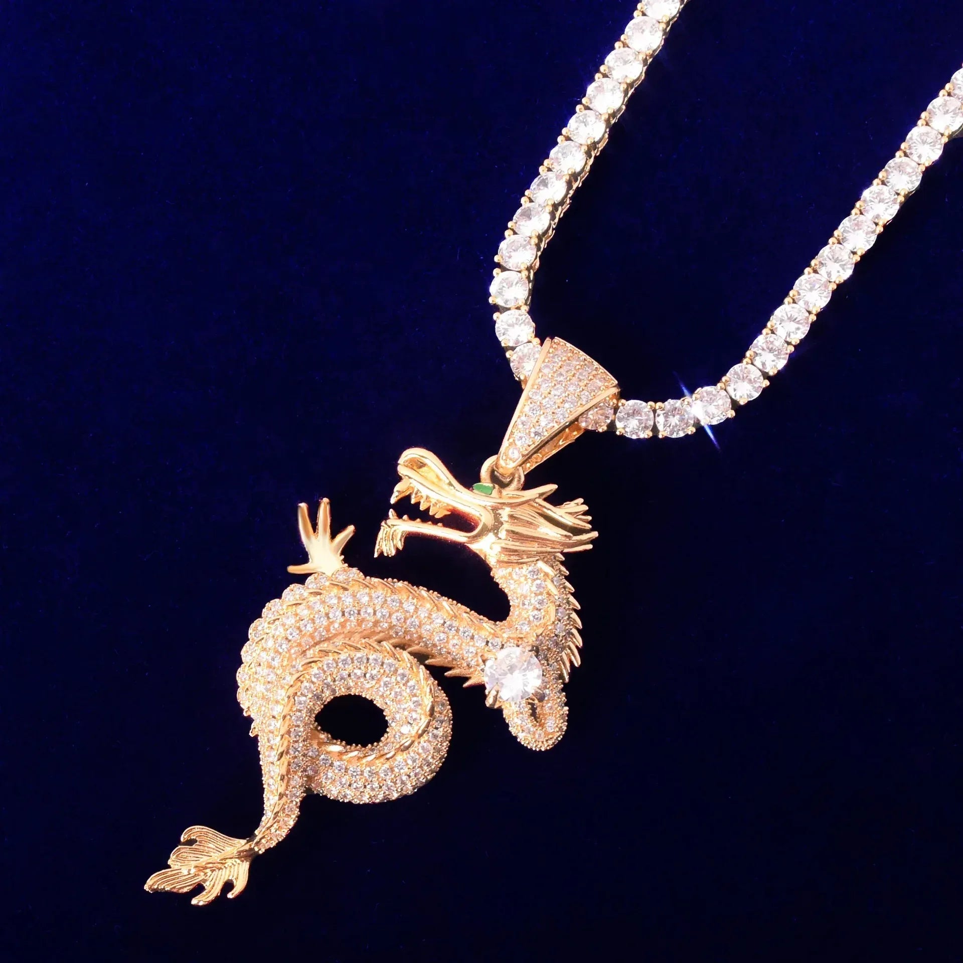 Iced Out Chinese Dragon Zodiac Pendant | Year of the Dragon Vintage Gold Necklace - CaratixJewelry