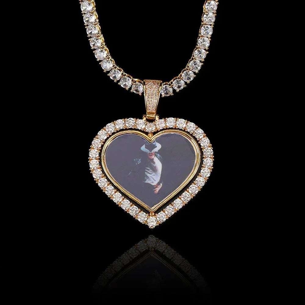 Custom Double-Sided Heart Rotating Photo Pendant Necklace with Zircon Stones for Men and Women | Caratix Jewelry - CaratixJewelry