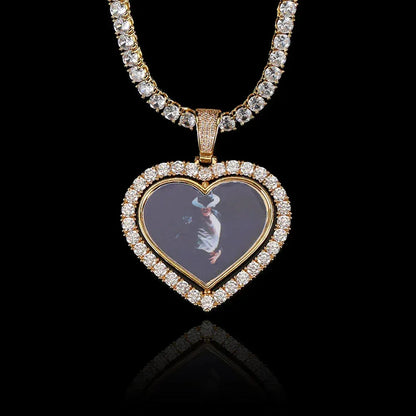Custom Double-Sided Heart Rotating Photo Pendant Necklace with Zircon Stones for Men and Women | Caratix Jewelry - CaratixJewelry