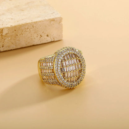 Men's Iced Out Round Signet Ring | Baguette Cut Retro Hip Hop Band | Caratix