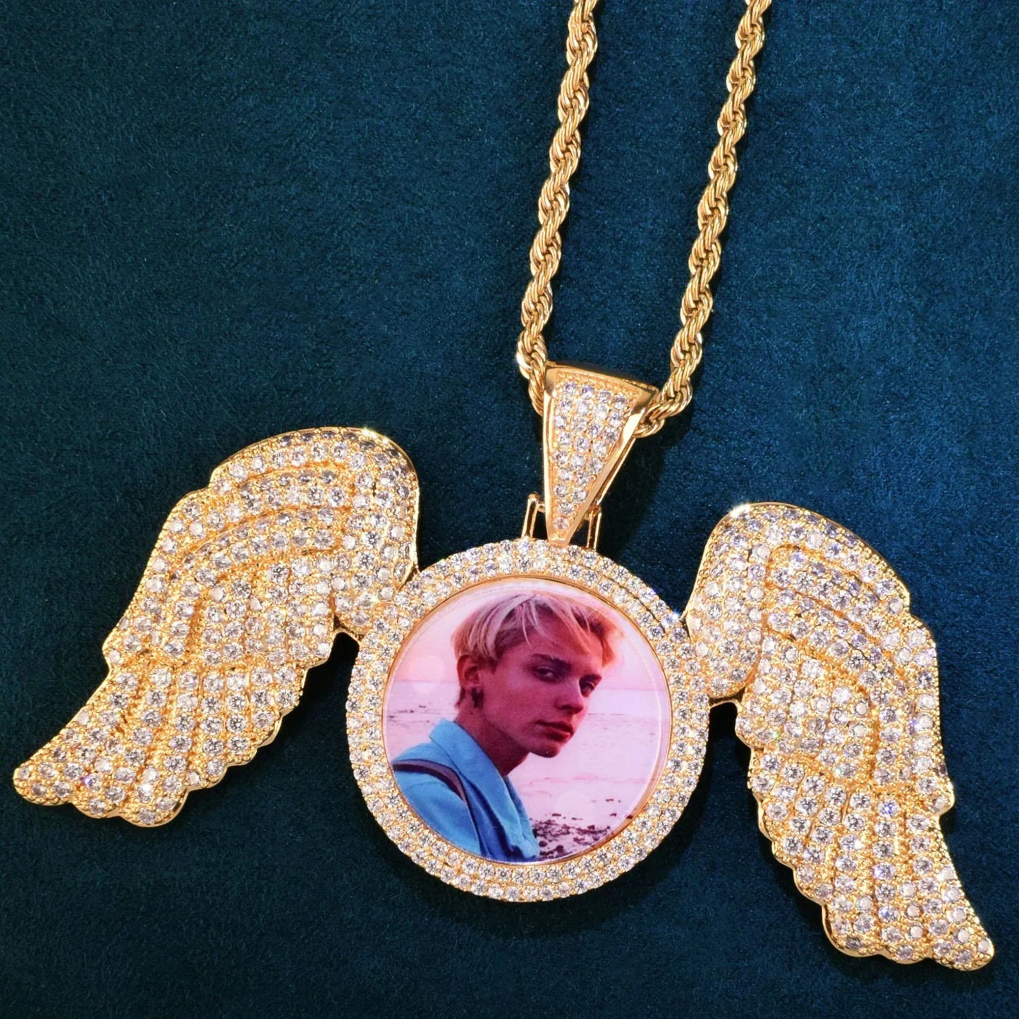 Wing Photo Pendant Necklace | Iced Out CZ Custom Picture DIY Couple Jewelry - CaratixJewelry