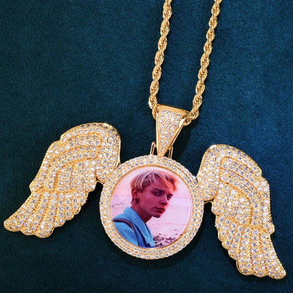 Wing Photo Pendant Necklace | Iced Out CZ Custom Picture DIY Couple Jewelry - CaratixJewelry