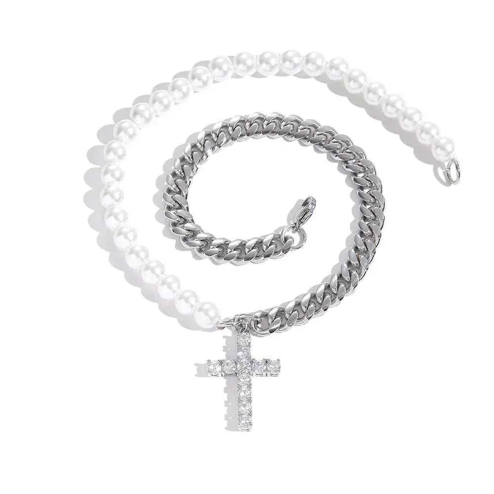 8mm Stainless Steel Cuban Chain Pearl Cross Necklace for Men | Caratix Jewelry - CaratixJewelry