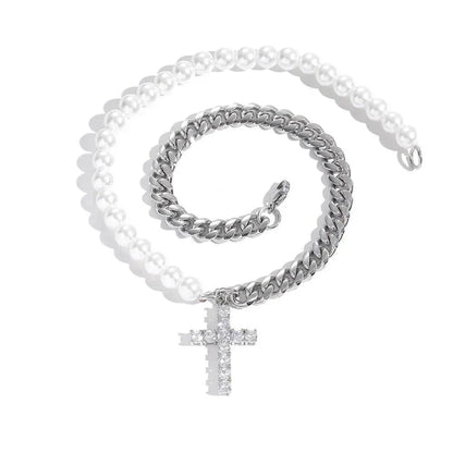 8mm Stainless Steel Cuban Chain Pearl Cross Necklace for Men | Caratix Jewelry - CaratixJewelry