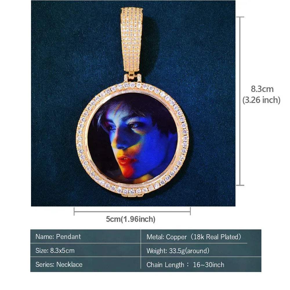 Large Round Photo Pendant | Iced Out CZ Solid DIY Custom Picture Hip Hop Necklace - CaratixJewelry