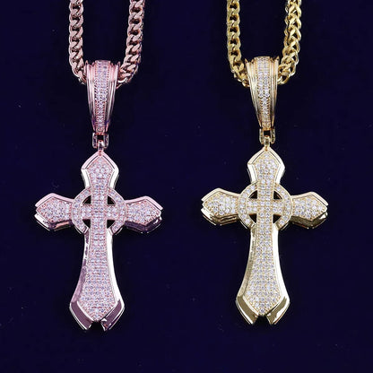 Iced Out Halo Cross Pendant | Women's Round Center Religious Necklace | Premium Copper CZ Elegant Hip Hop Jewelry | Divine Light Charm | Caratix - CaratixJewelry