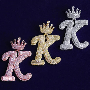 Iced Out Crown Letter K Pendant | Real Copper CZ Initial Necklace - CaratixJewelry