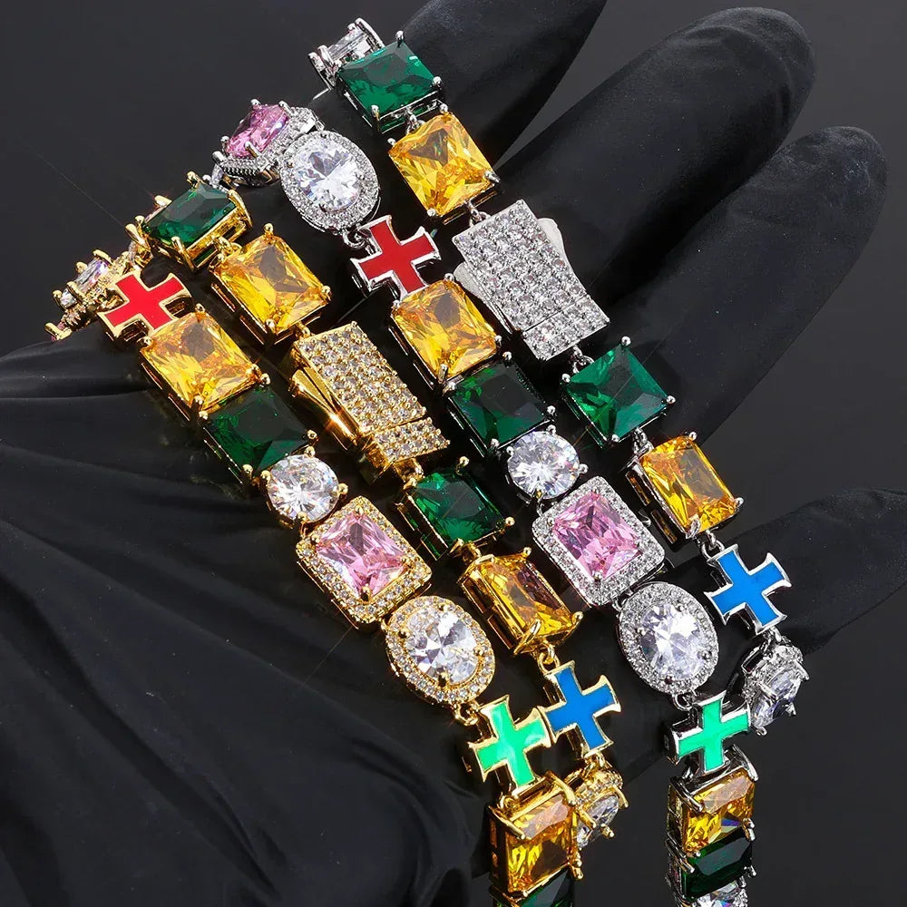 Custom 10mm Cross Charm Color Gemstone Bracelet | Premium Iced Out Jewelry for Men | Caratix - CaratixJewelry
