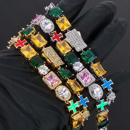 Custom 10mm Cross Charm Color Gemstone Bracelet | Premium Iced Out Jewelry for Men | Caratix - CaratixJewelry