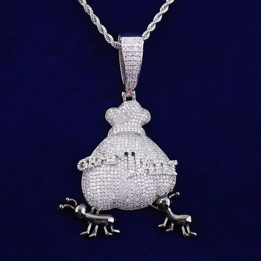Iced Out Ant Carrying Money Bag Pendant | Men's & Women's "Secure The Bag" Necklace | Premium Copper CZ Hustle Jewelry | Motivational Bling | Caratix - CaratixJewelry