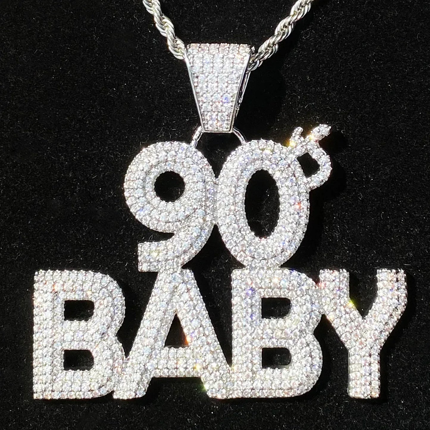 Iced Out "90s BABY" Text Pendant | Women's Y2K Nostalgia Necklace - CaratixJewelry