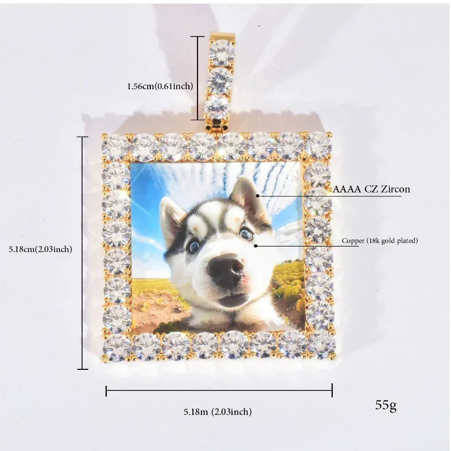 Dog Tag Photo Pendant with Heart Clasp | CZ Iced Out Custom Picture Hip Hop Necklace - CaratixJewelry