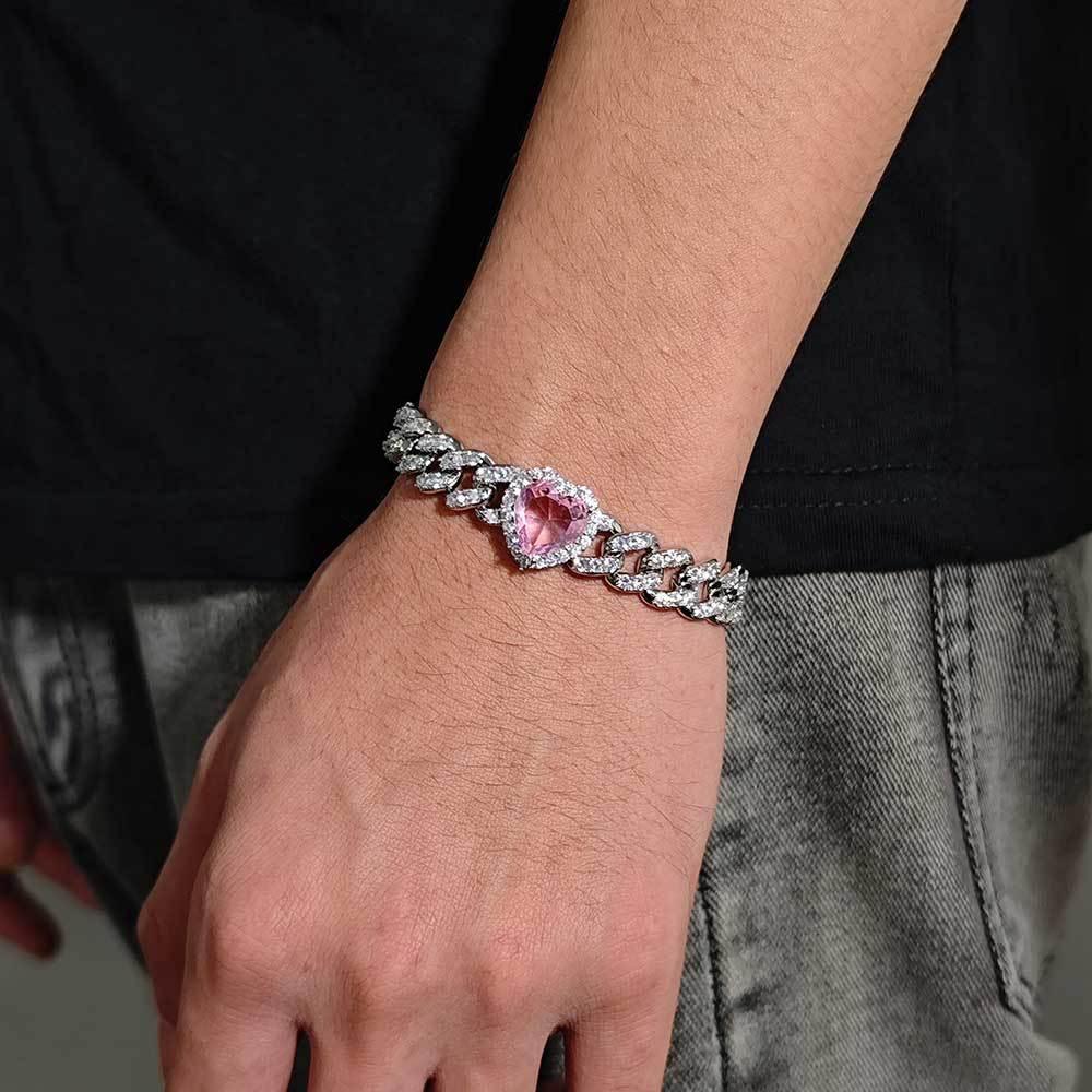 10mm Pink Zircon Heart Cuban Link Bracelet - CaratixJewelry