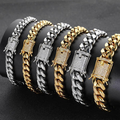 Stainless Steel Titanium Cuban Link Zircon Hip Hop Bracelet Double-Sided Clasp for Men | Caratix Jewelry - CaratixJewelry