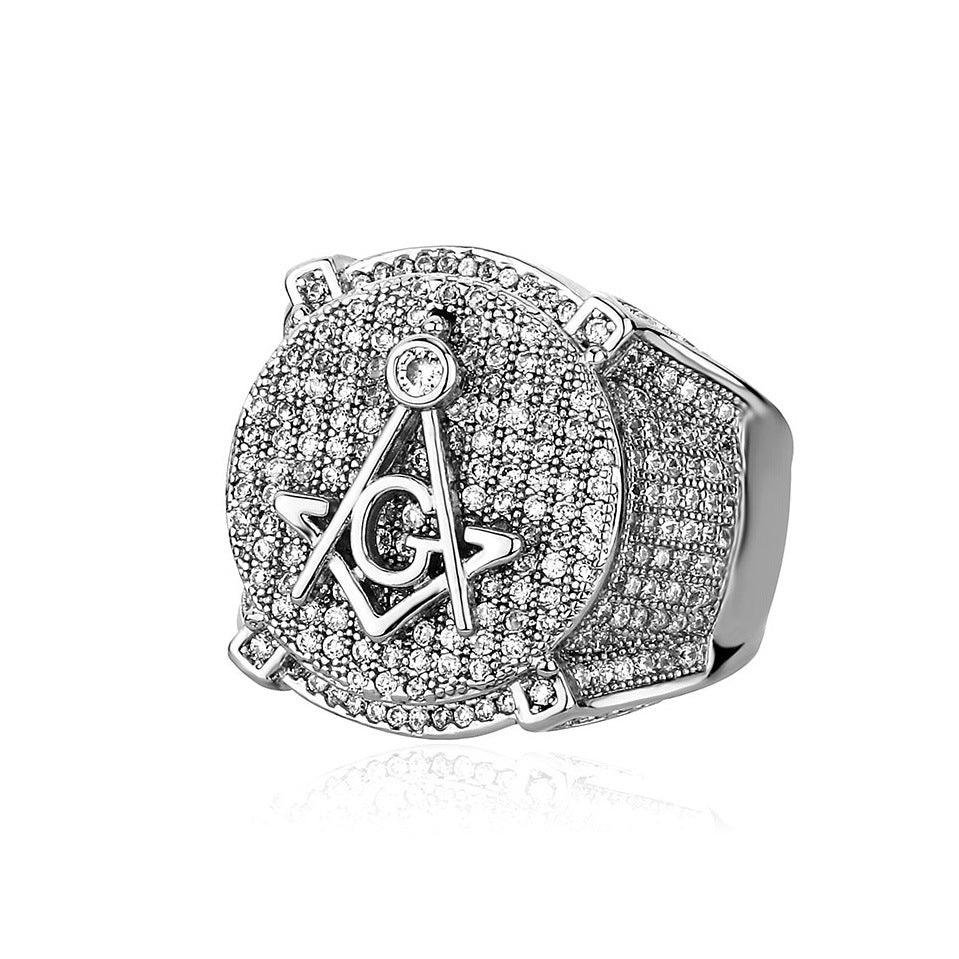 Men's Iced Out Masonic Ring | Retro AG Compass & Square Signet | Caratix
