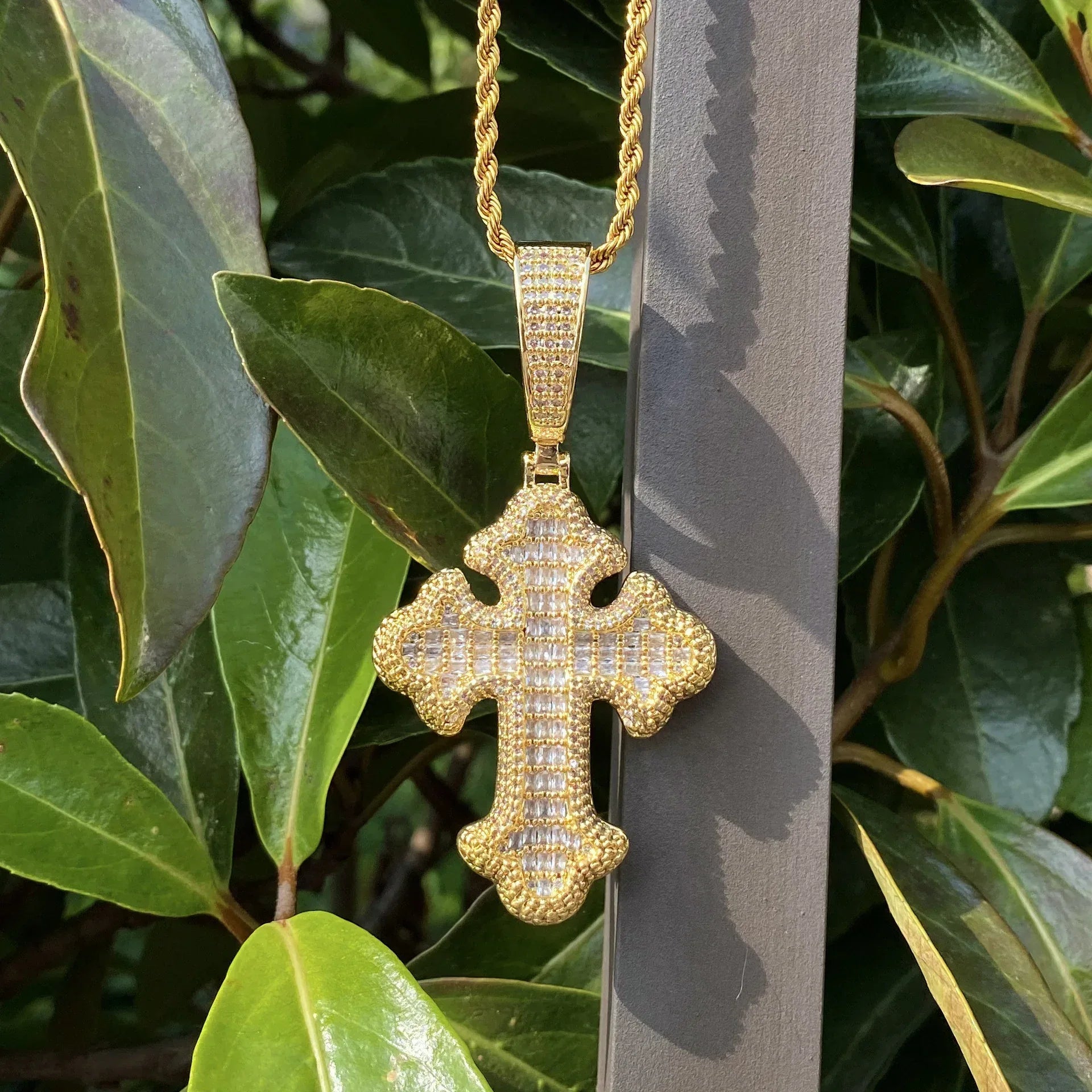 Iced Out Baguette Cross Pendant | Men's Real Copper CZ Necklace - CaratixJewelry