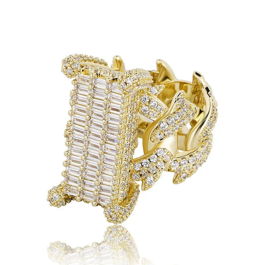 Iced Out Cuban Link Ring | Rectangular Zirconia Men's Band | Caratix