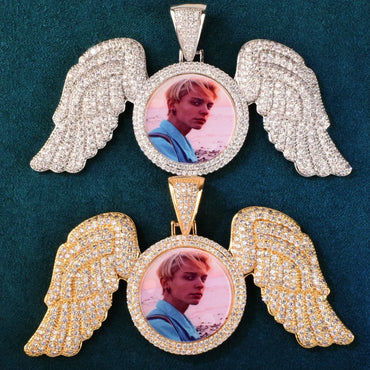 Wing Photo Pendant Necklace | Iced Out CZ Custom Picture DIY Couple Jewelry - CaratixJewelry