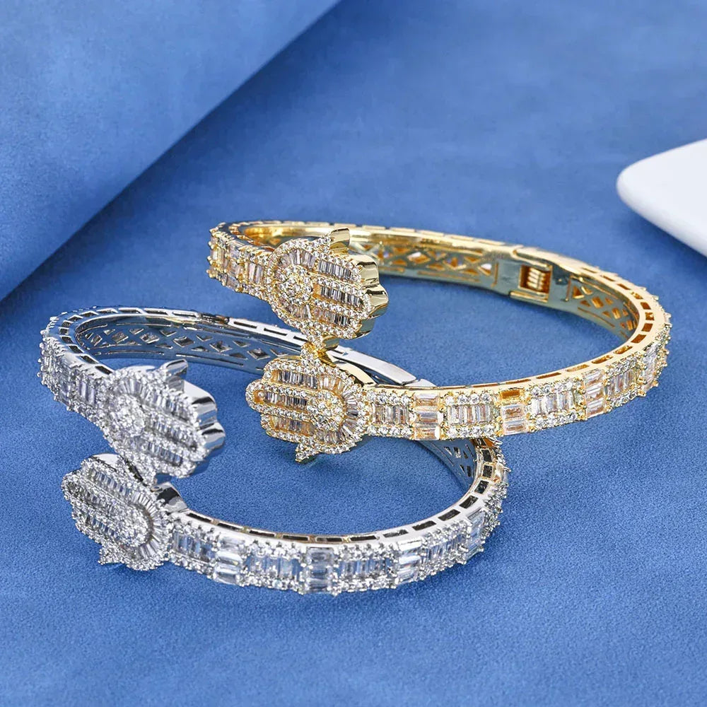 Iced Out Hand of Fatima Bracelet Mixed Zircon Bling Jewelry - CaratixJewelry