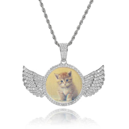 Custom Angel Wings Round Photo Pendant Necklace with Zircon Stones for Men | Caratix Jewelry - CaratixJewelry