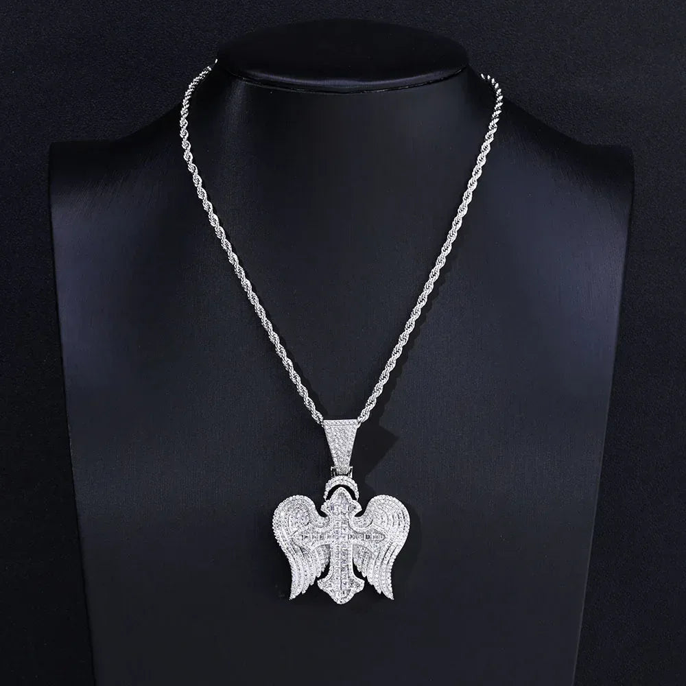 Cross Wing S925 Silver Moissanite Ice Pendant Necklace for Men | Caratix Jewelry - CaratixJewelry