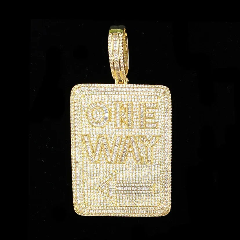 Iced Out "ONE WAY" Rectangular Pendant | Men's Real Copper CZ Plaque Necklace - CaratixJewelry