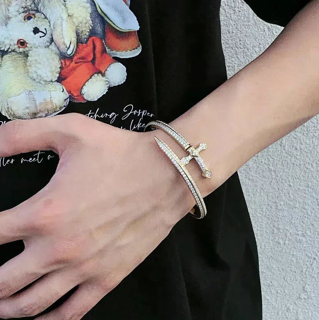 Justice Sword Bangle Bracelet with Copper & Zircon | Iced Out Trendy Jewelry | Caratix Jewelry - CaratixJewelry