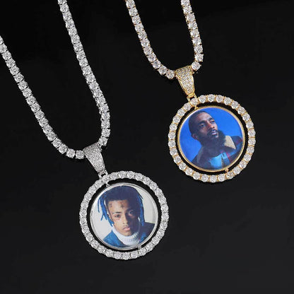 Custom Rotating Double-Sided Round Photo Pendant Necklace with Micro-Pave Zircon Stones | Caratix Jewelry - CaratixJewelry