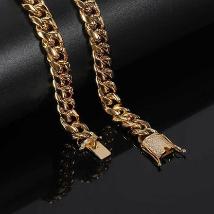 12mm Cuban Chain Necklace with Clasp and 18K Gold Plating for Men | Titanium Steel and Stainless Steel | Caratix Jewelry - CaratixJewelry
