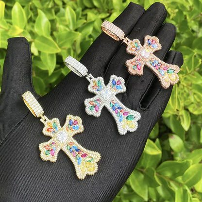Luxury Multi-Color Iced Out Cross Pendant for Men | Hip Hop Rainbow Zircon Necklace | Genuine Copper CZ Jewelry | Senior Sense Bling | Caratix - CaratixJewelry