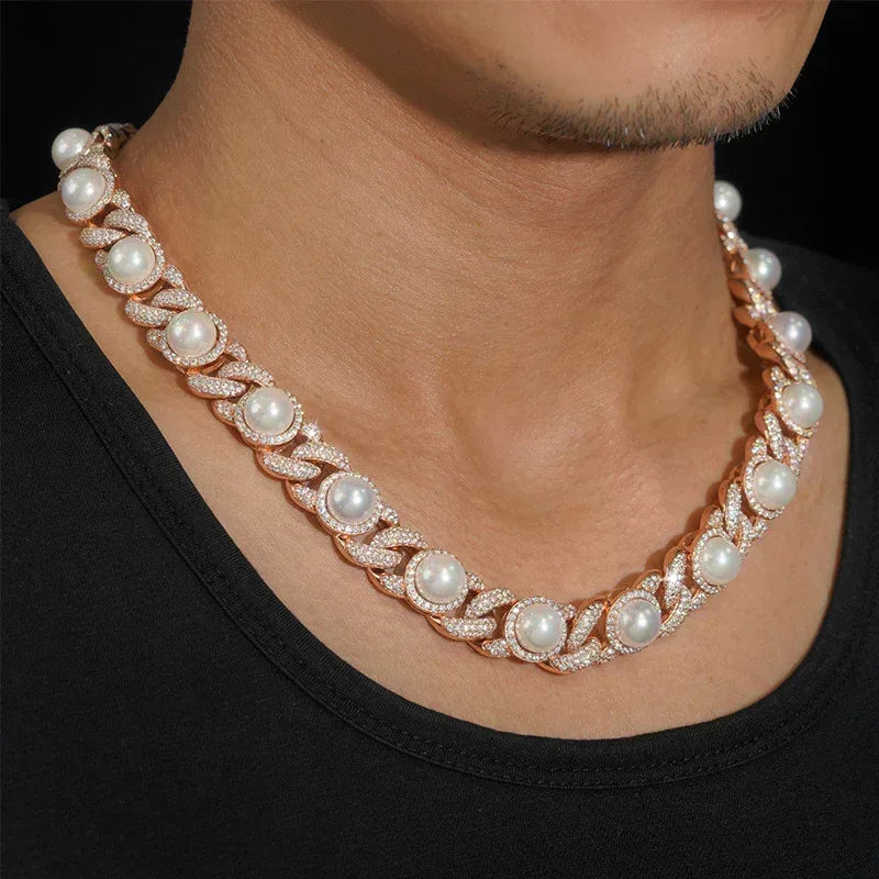 15mm Pearl Moissanite Cuban Link Necklace | S925 Silver Men’s Hip Hop Chain - CaratixJewelry