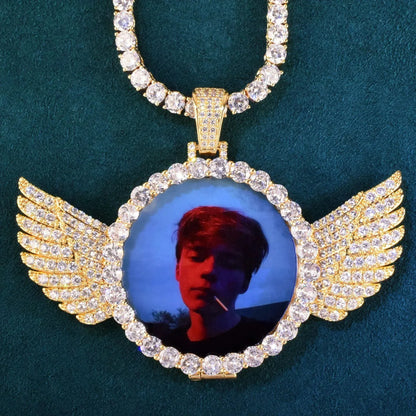 Wing Flip-Open Photo Pendant | CZ Iced Out DIY Custom Picture Hip Hop Necklace - CaratixJewelry