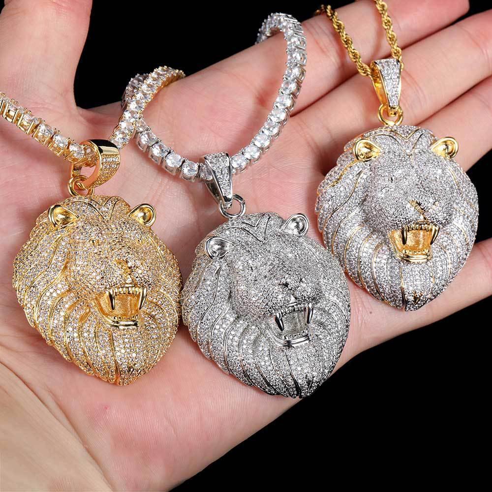 Custom Full Lion Head Pendant Necklace with Zircon Stones and Gold Plating for Men | Caratix Jewelry - CaratixJewelry