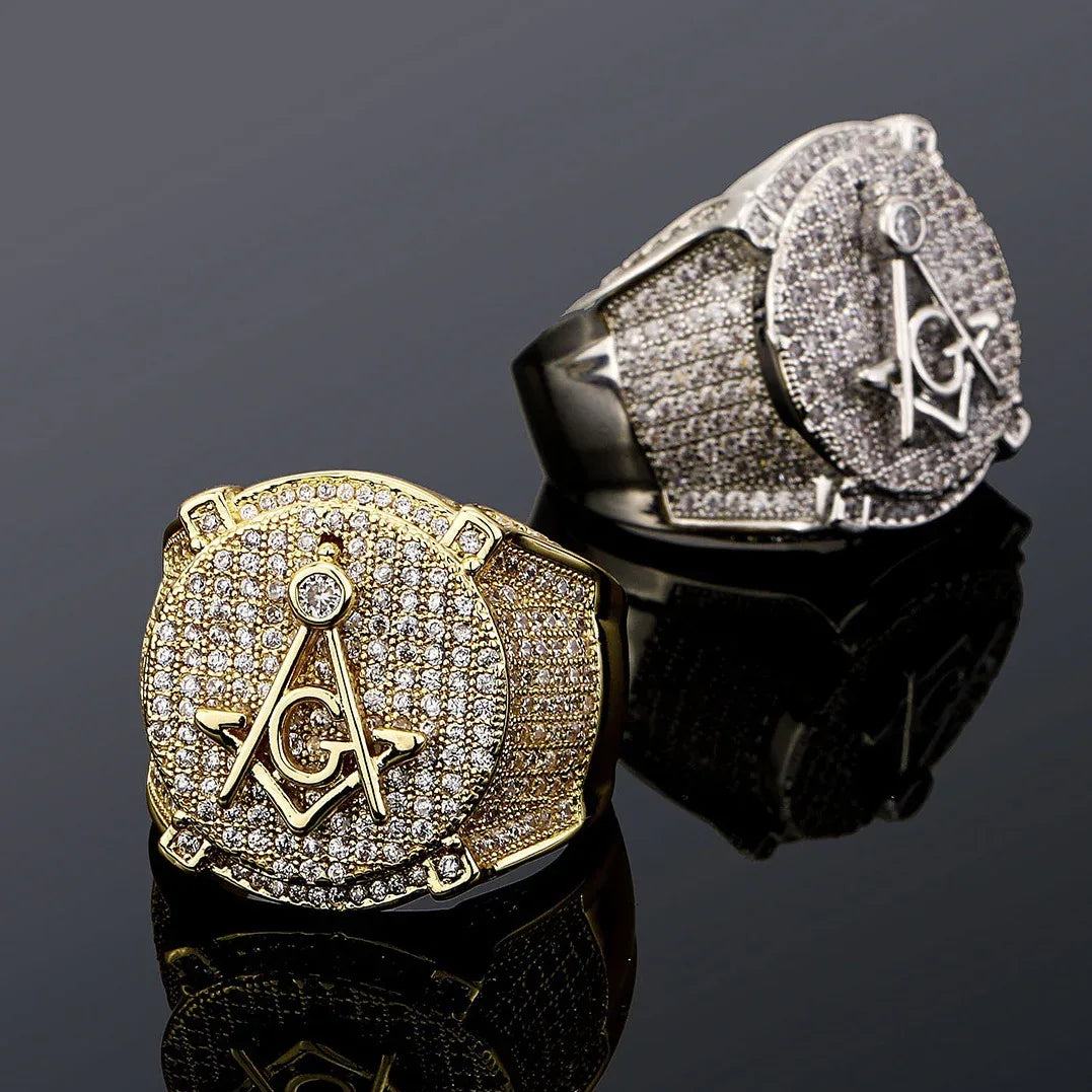 Men's Iced Out Masonic Ring | Retro AG Compass & Square Signet | Caratix