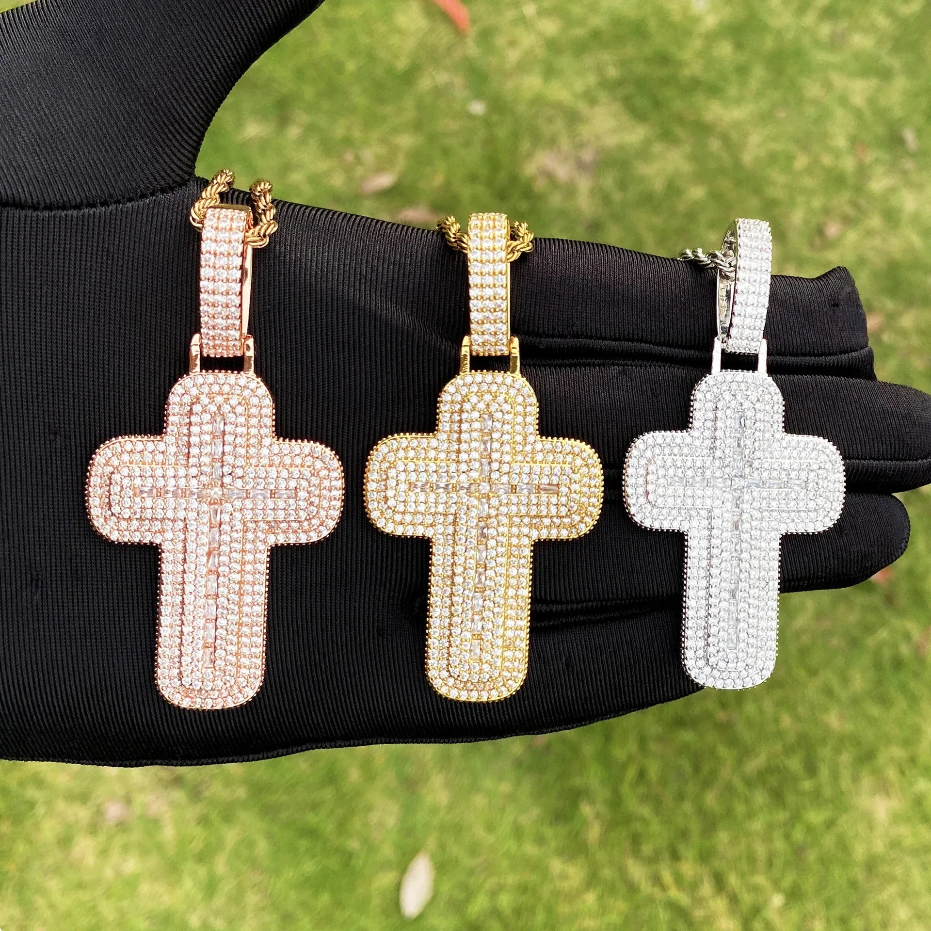 Iced Out Chunky Cross Pendant | Women's Thick "Puff" 3D Necklace | Premium Copper CZ Statement Jewelry | Bold & Cute Bling | Caratix - CaratixJewelry