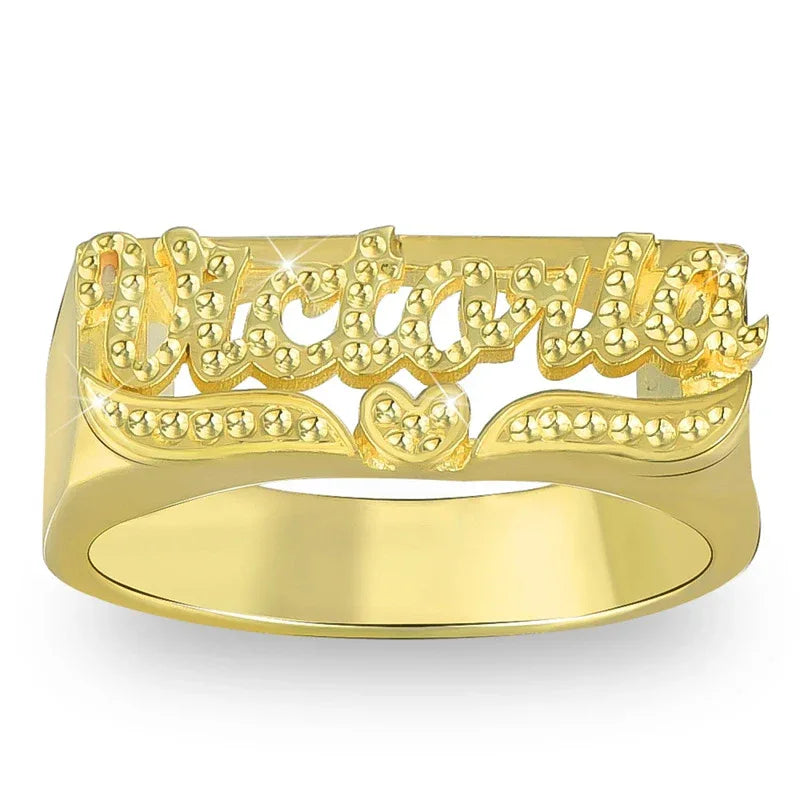 Custom Women's Name Ring | Diamond-Cut Heart Motif Statement Band | Caratix