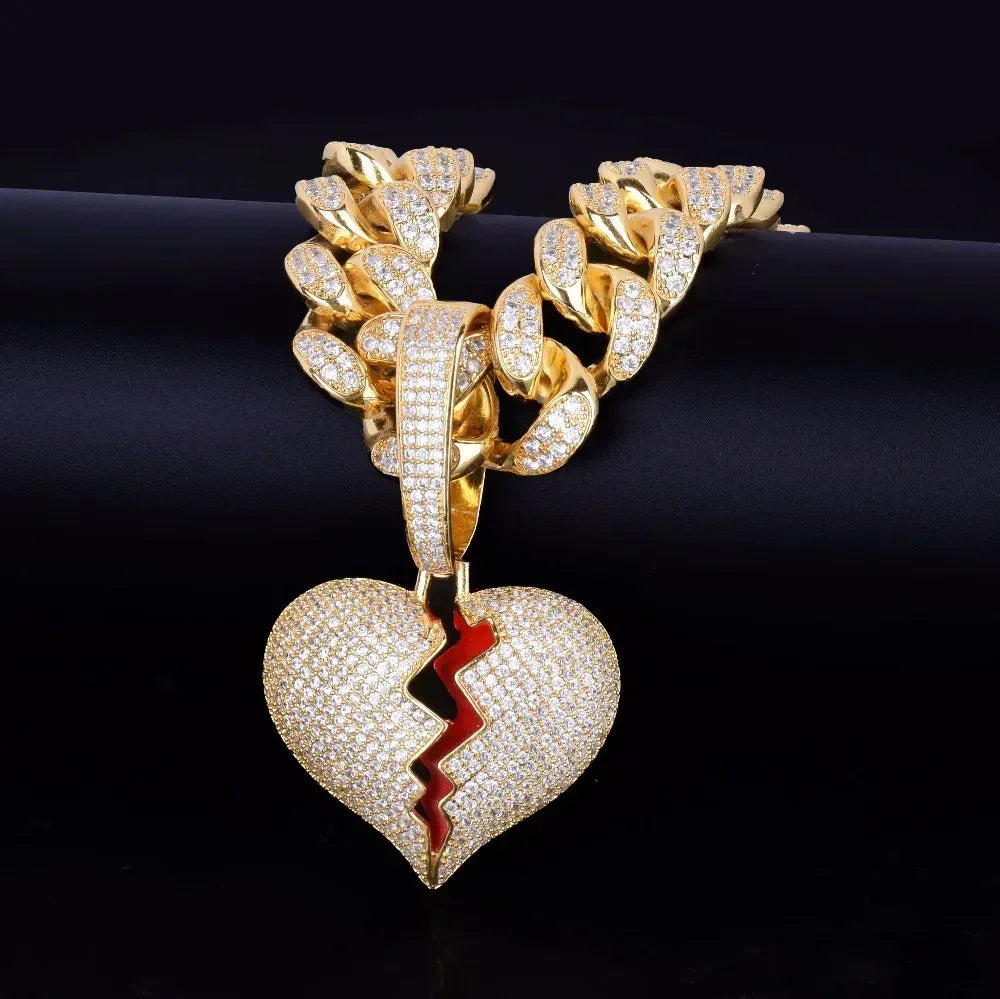 Creative Shattered Broken Heart Iced Out Pendant | Men's Artistic Hip Hop Necklace | Premium Copper CZ Jewelry | Streetwear Emo Bling | Caratix - CaratixJewelry