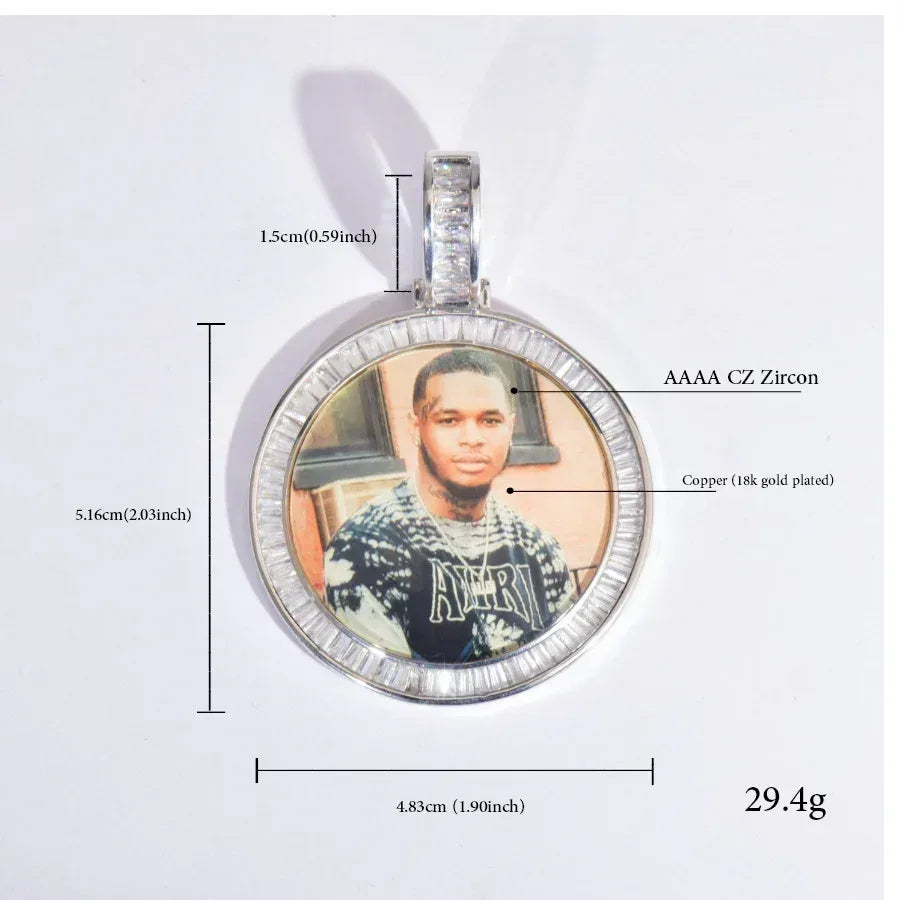 Round Photo Pendant Necklace | Gold/Silver/Rose Gold CZ DIY Hip Hop Jewelry - CaratixJewelry