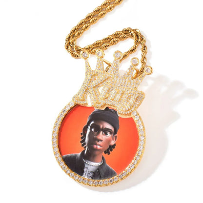 Crown Round Photo Pendant | Iced Out CZ DIY Custom Picture Hip Hop Necklace - CaratixJewelry
