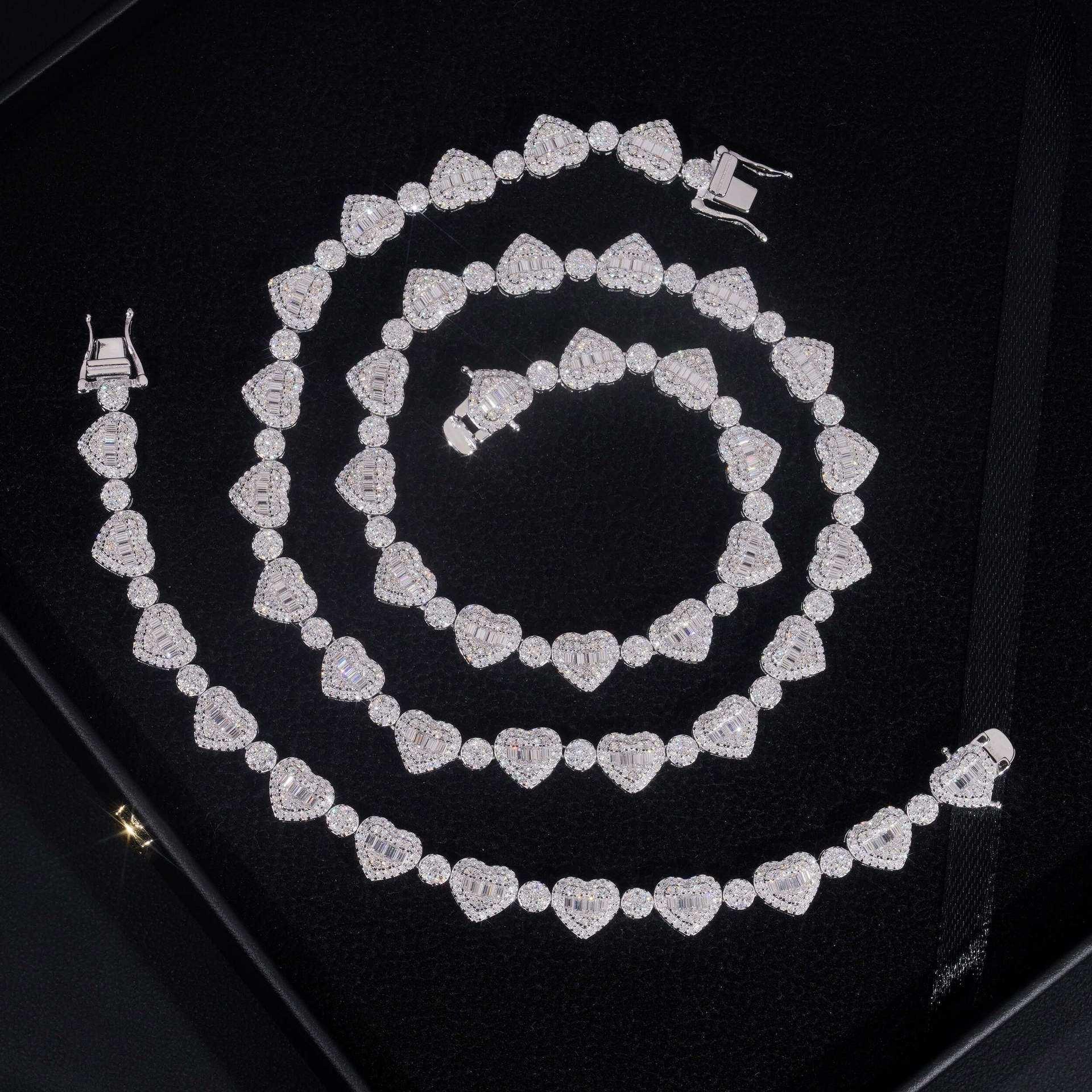 8.5mm Moissanite Heart Necklace & Bracelet | S925 Silver Couple Hip Hop Jewelry - CaratixJewelry